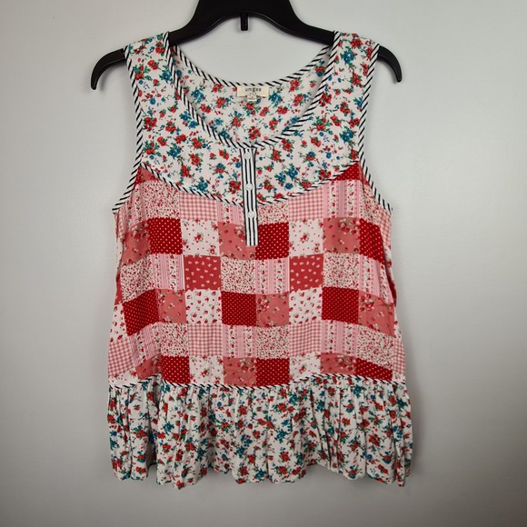 Umgee Tops - Umgee Womens Red Patchwork Floral Gingham Sleeveless Ruffle Hem Top Small Boho